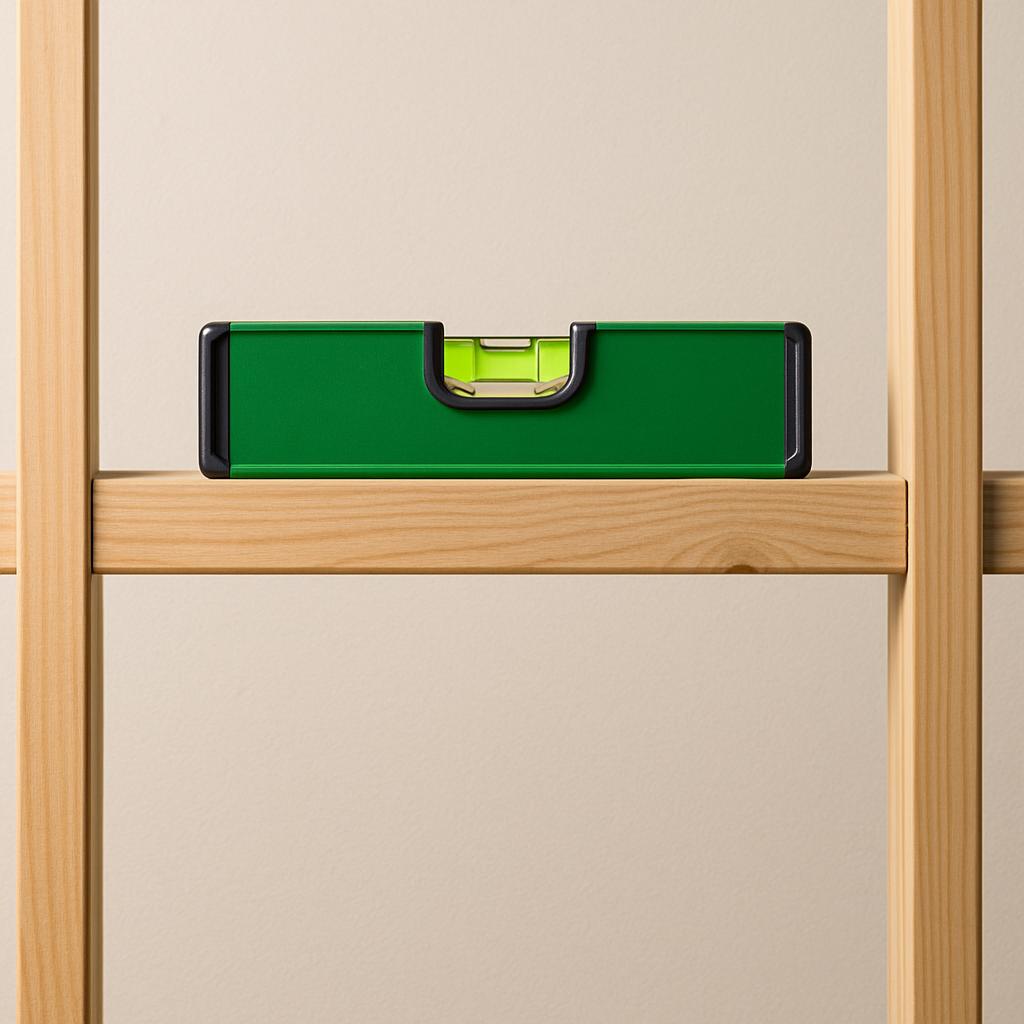 A green level lying level on some light-colored shelves or a shelf and frame, in front of a white wall. The background is ...
